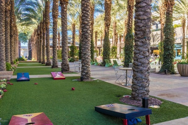 A courtyard with palm trees, green seating, and shuffleboard tables.