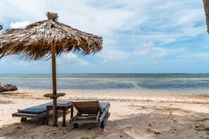 Accommodatie ligt op het strand, ligstoelen, strandlakens