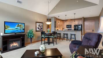 Smart TV, fireplace, books