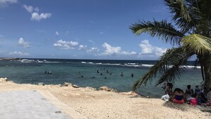 Ein Strand mit badenden und entspannten Personen, einem gepflasterten Weg und einer Palme.