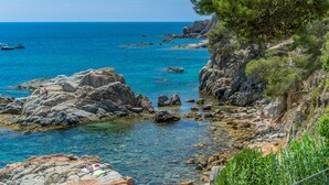 A coastal landscape with rocky terrain, clear blue water, and sparse vegetation.
