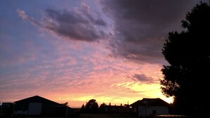 A sunset over a residential area with houses and trees.