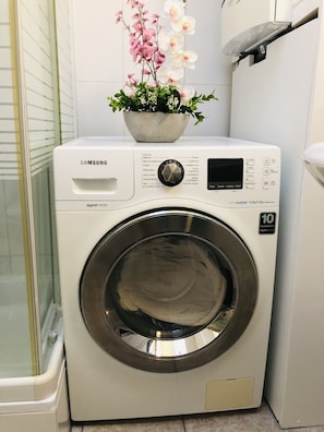 Shower, hair dryer, towels