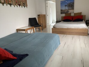 1 bedroom, desk, iron/ironing board, travel cot