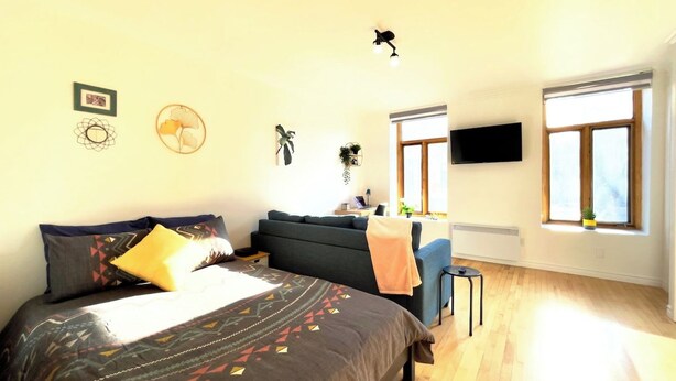 A bedroom with a bed, a sofa, a TV, and a window.