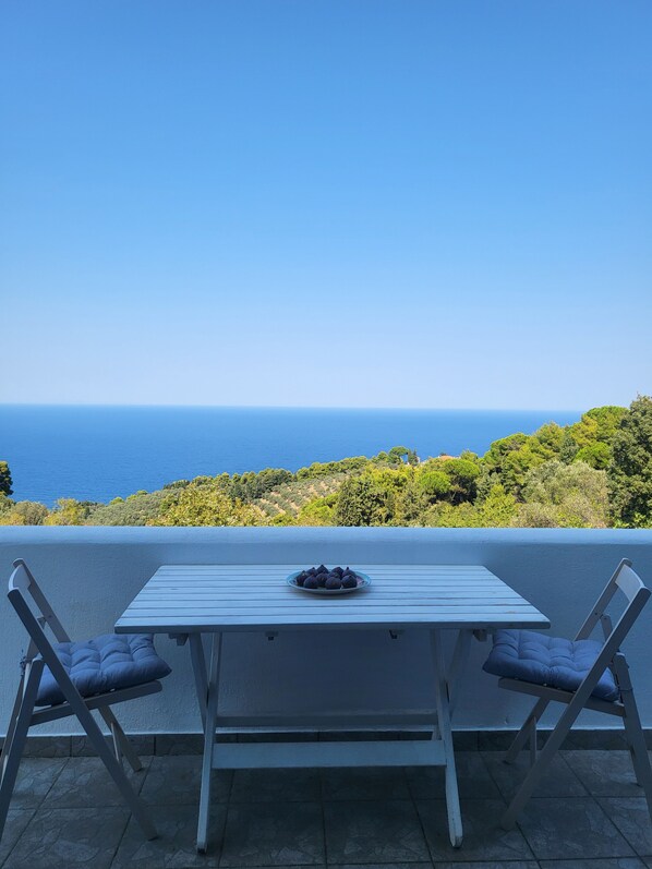 A table with two chairs on a terrace overlooking a coastal view.