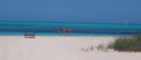 On the beach, sun-loungers, beach towels