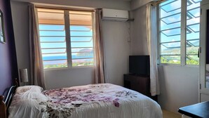 Ein Schlafzimmer mit einem Bett, einem Fernseher und zwei Fenstern mit Vorhängen.