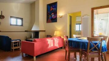 Smart TV, fireplace, DVD player, books