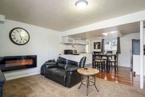 Smart TV, fireplace, books