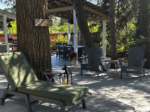 A covered outdoor seating area with lounge chairs, a table, and a 'WELCOME' sign. - Loblolly Cottage - Enchanting Retreat set among towering pines. (Germantown)