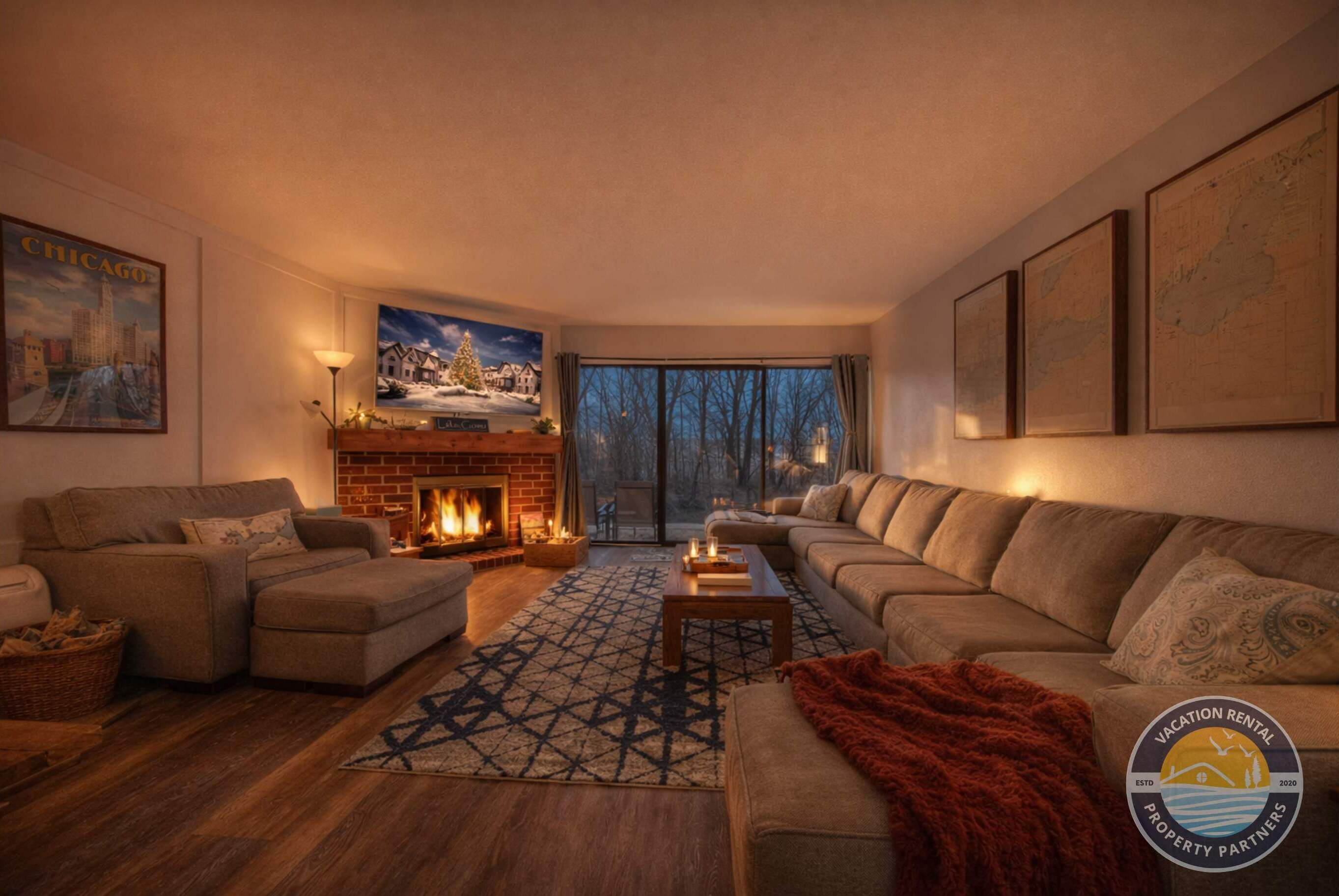 TV, fireplace, books, offices