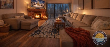 TV, fireplace, books, offices