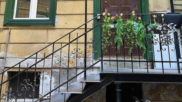 A building with a brown door, green-framed windows, and a metal staircase.