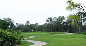 Un parcours de golf avec un chemin sinueux, entouré d’une végétation luxuriante et d’arbres.