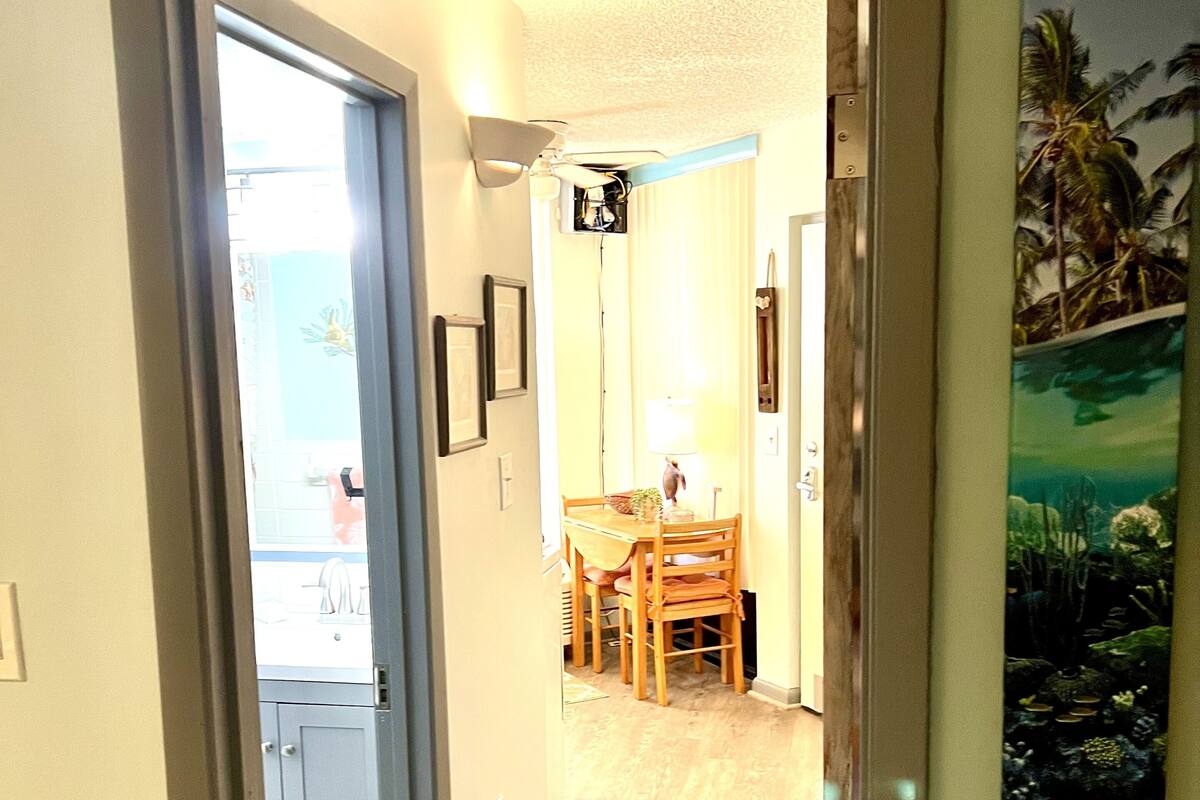 A hallway with a wooden floor, a dining area with a table and chairs, and a kitchen visible through an open door.