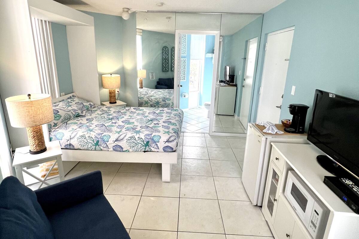 A compact room with a bed, a sofa, a television, and a kitchenette.