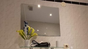 A bathroom with a white sink, mirror, and a trash bin.