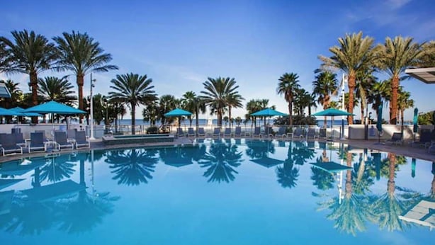Zona de piscina con sillas de descanso y sombrillas, rodeada de palmeras.