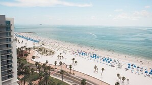 Una playa con una fila de sombrillas azules y palmeras, una carretera en primer plano y un edificio a la izquierda.