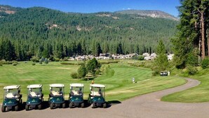 A golf course with a row of golf carts parked on the road, surrounded by lush green fields and a forested mountain backdrop.