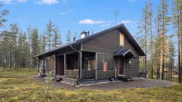 A cabin with a porch, a chimney, and a small deck area.