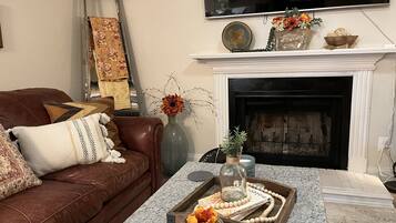 Smart TV, fireplace, books