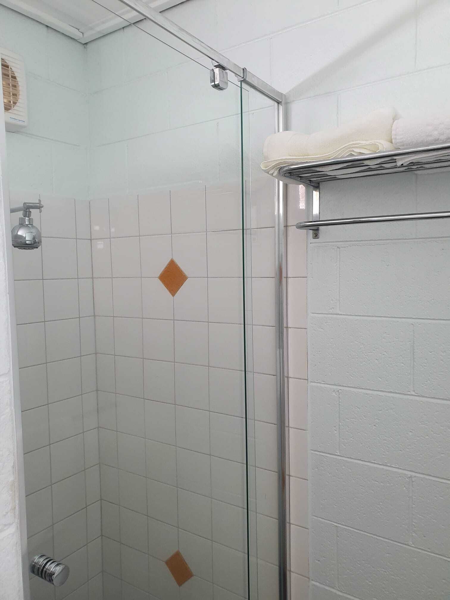 Hydromassage showerhead, free toiletries, hair dryer, towels
