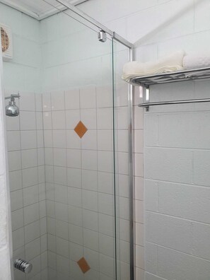 Hydromassage showerhead, free toiletries, hair dryer, towels