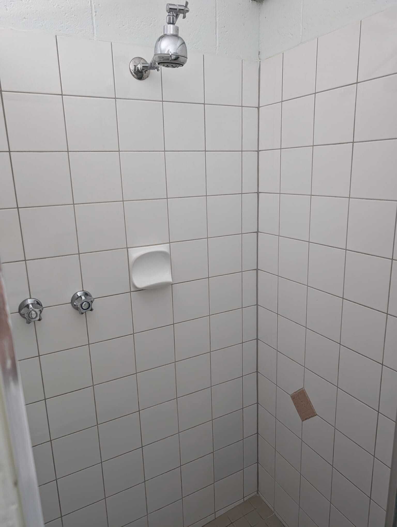 Et lille bruseområde med fliser, en håndbruser og en sæbeskål.