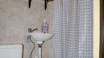 Een douche, een haardroger, handdoeken, zeep