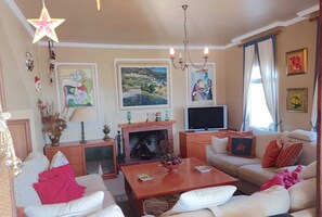 Télévision, cheminée, table de tennis de table, chaîne hi-fi