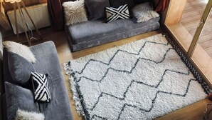 Ein gemütliches Cabin-Interieur mit einer Sofaecke, einem gemusterten Teppich und einer Lampe.