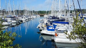 Eine Marina mit zahlreichen Segelbooten, die in ruhigem Wasser vor Anker liegen, umgeben von viel Grün.