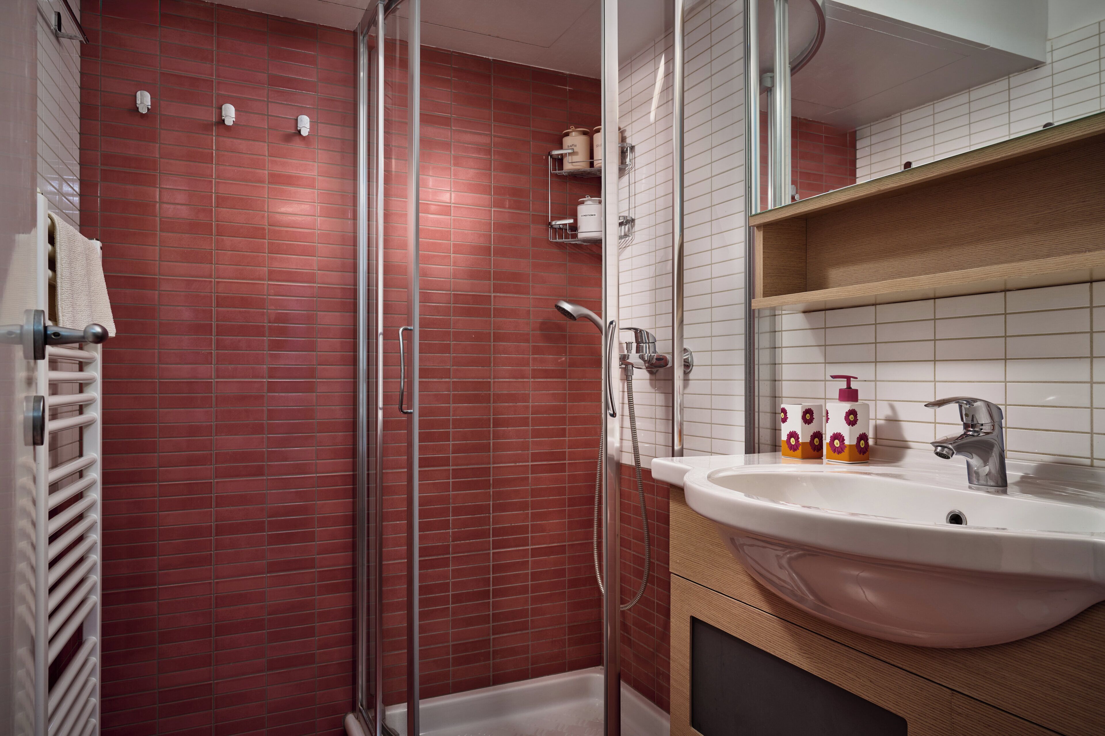 Une salle de bain avec une douche carrelée de carreaux rouges, un lavabo blanc et un miroir au-dessus.