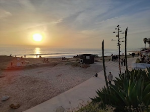 En la playa, camastros y toallas de playa 
