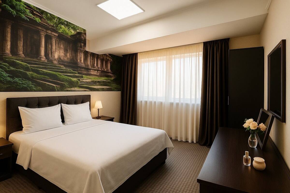 A hotel room with a large bed, a nightstand with a lamp, a desk with a vase of flowers, and a painting of a temple on the wall.