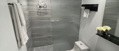 Combined shower/bathtub, hair dryer, towels, soap