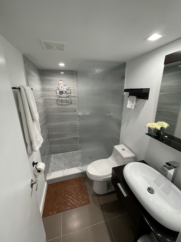 Combined shower/tub, hair dryer, towels, soap