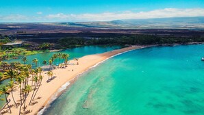 Vista aérea de una playa con aguas turquesas cristalinas, una orilla de arena y palmeras.