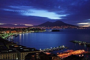 Experience the vibrant cityscape at night, with the majestic mountain backdrop and a marina filled with boats.