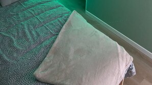 Un dormitorio con cama, escritorio y silla. Se ve una ventana con persianas, una pared con un adorno decorativo y una tira de luz verde en el techo.