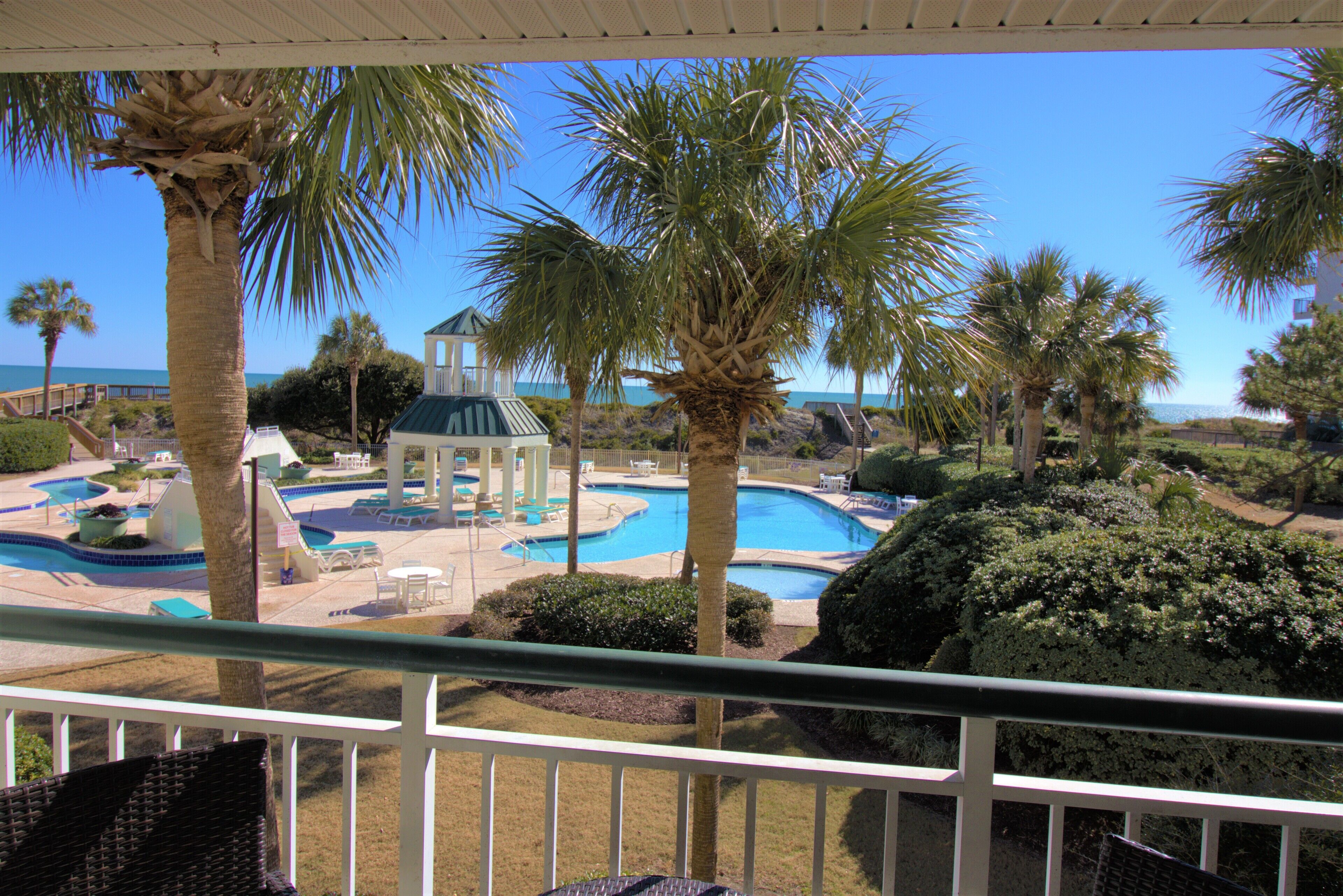 Ready for a beach vacation? Great views, indoor/outdoor pools & steps to beach.