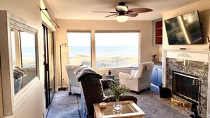 Smart TV, fireplace, DVD player, books