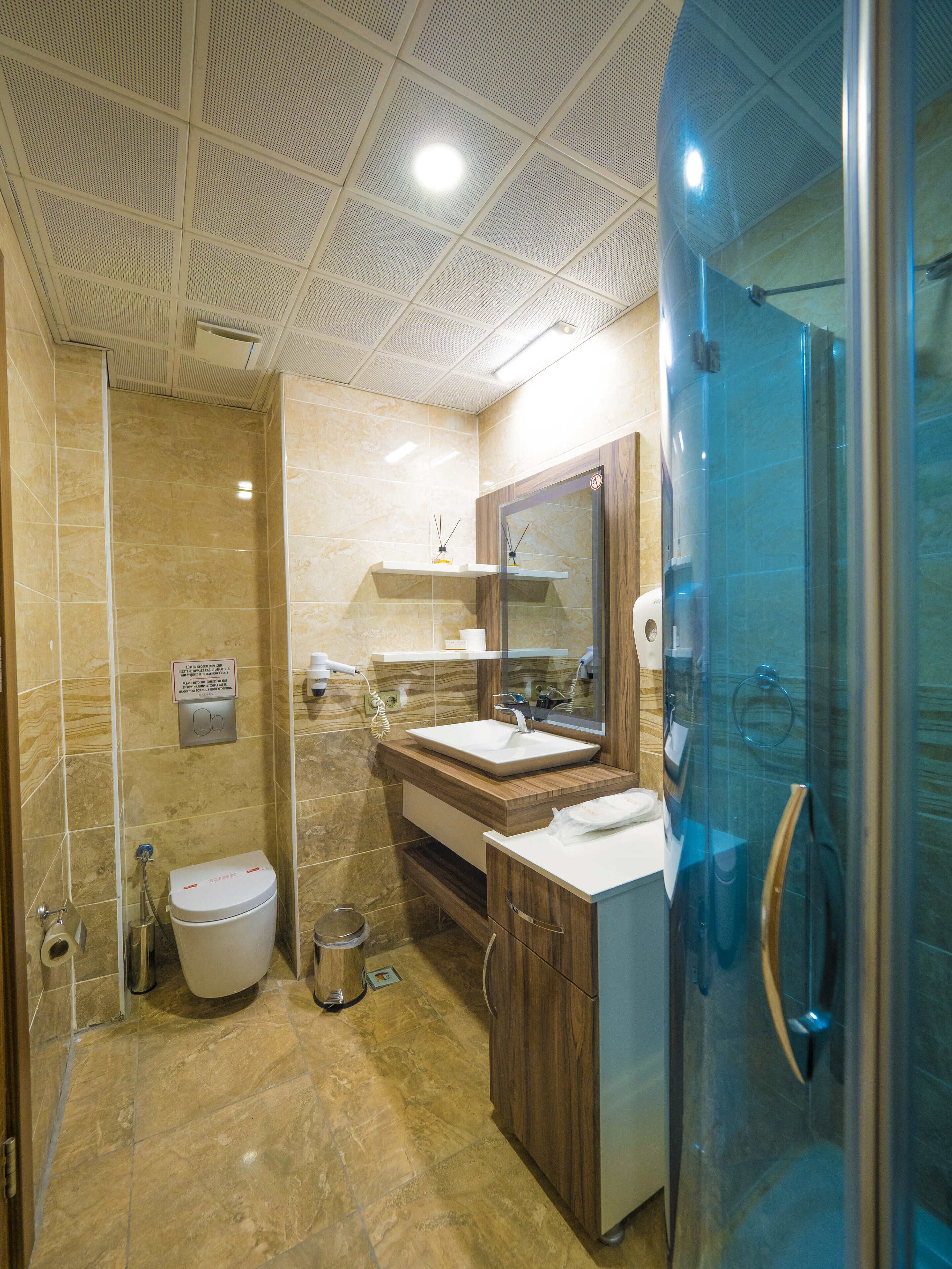 A modern bathroom with a glass shower enclosure, a sink with a mirror, and a toilet.