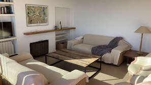 TV connectée, cheminée, livres