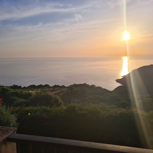A coastal landscape with a sunset over the sea, rocky terrain, and vegetation.