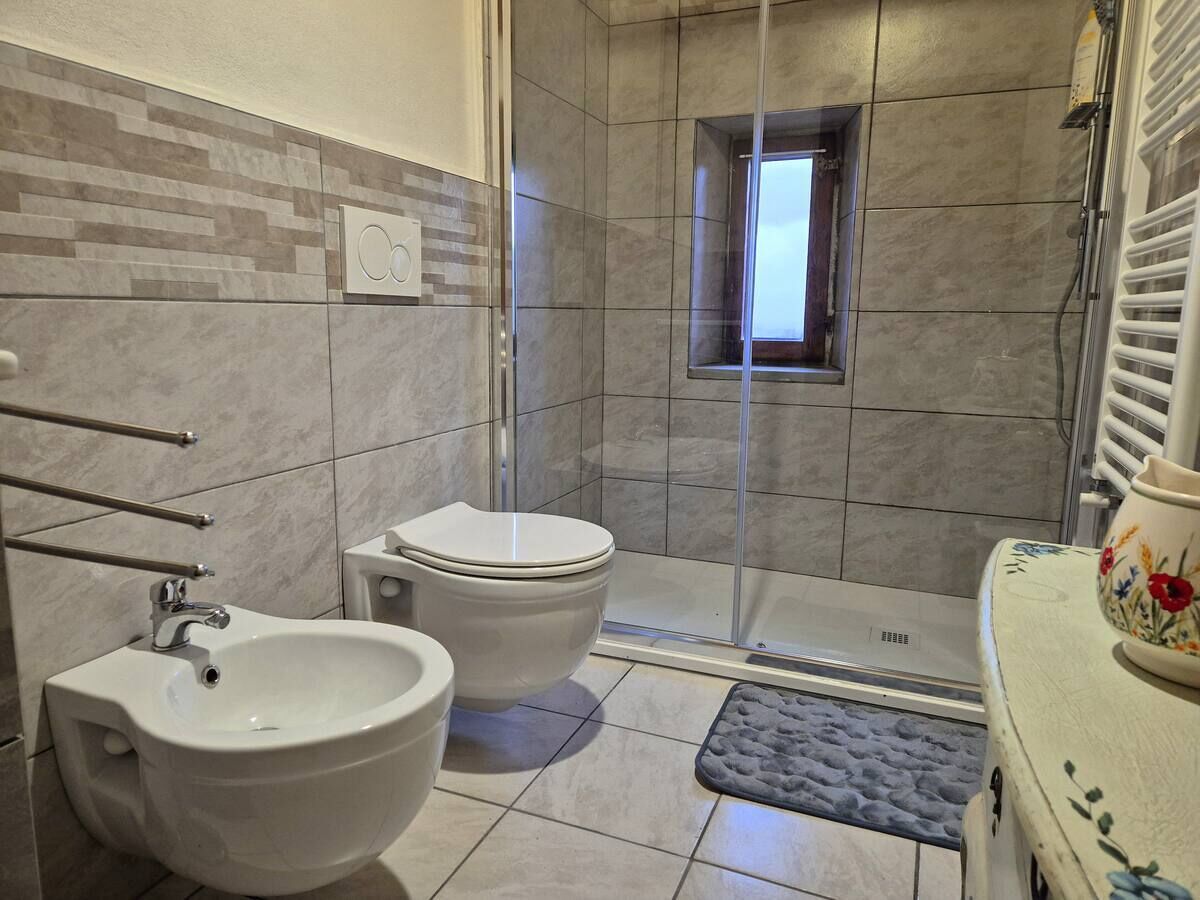 A bathroom with a shower, toilet, bidet, and sink.
