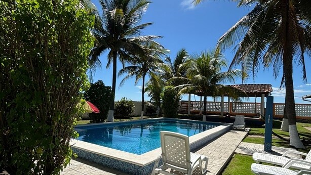 Una piscina con bordes de azulejos, rodeada de palmeras y un cielo azul despejado.