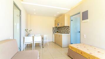 A compact living space with a kitchenette, a dining area, and a bed.